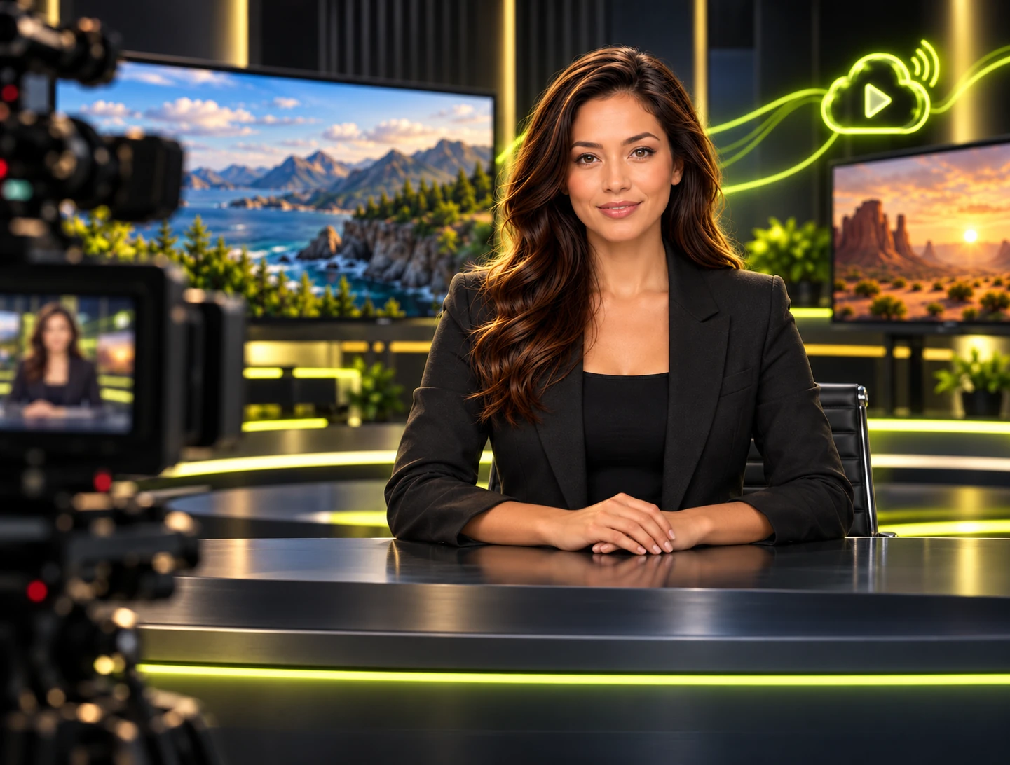 Female virtual TV presenter at an automated television studio desk with a broadcast camera and program screens.