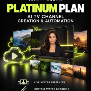 Trinity Engine Platinum plan illustration showing cloud TV automation with a live avatar presenter and custom branding.