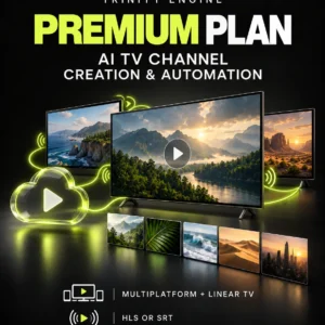 Trinity Engine Premium plan illustration showing multiplatform and linear TV broadcasting via HLS or SRT.