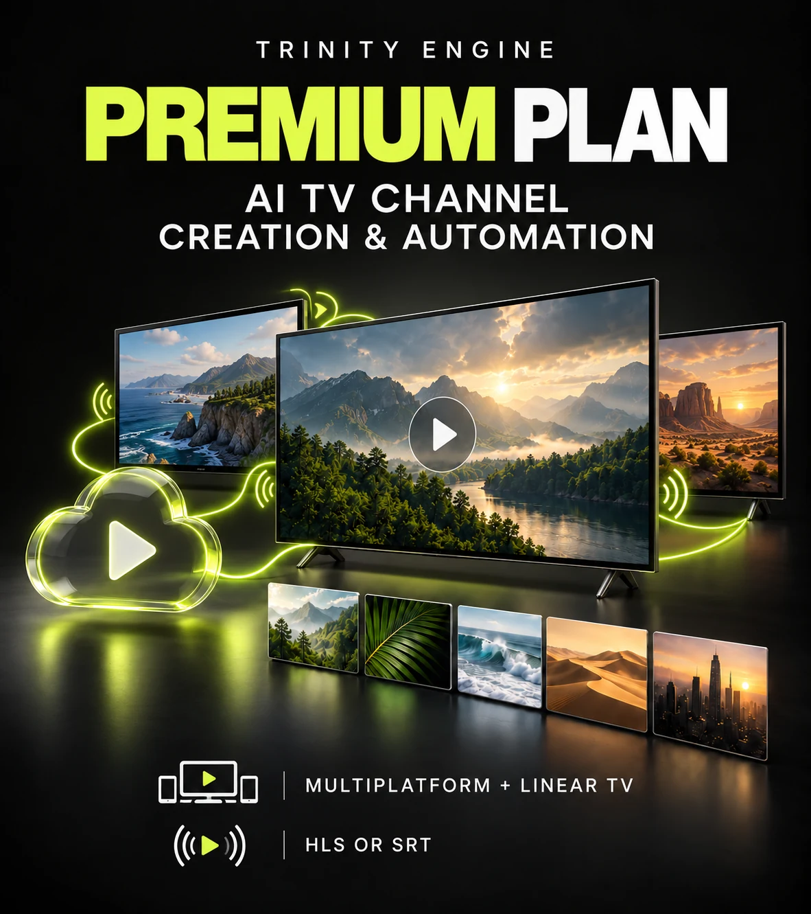 Trinity Engine Premium plan illustration showing multiplatform and linear TV broadcasting via HLS or SRT.