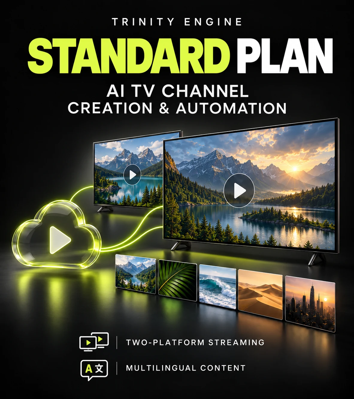 Trinity Engine Standard plan illustration showing cloud automation streaming to two TV displays.
