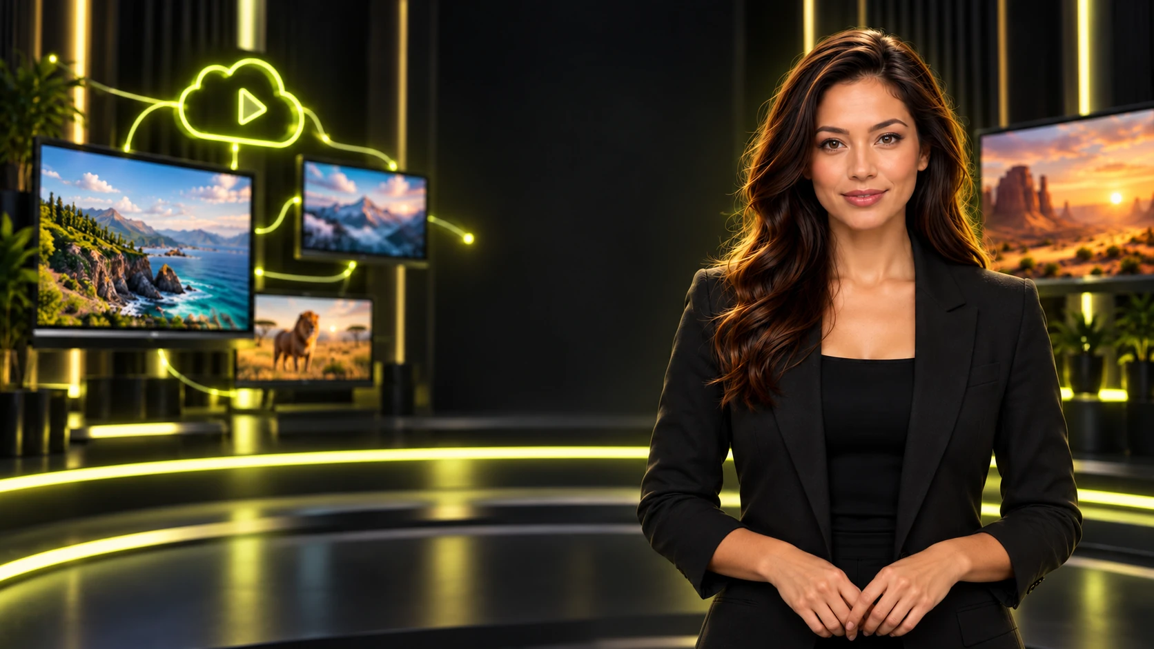 Female virtual TV presenter beside connected program screens in a dark cloud television studio.